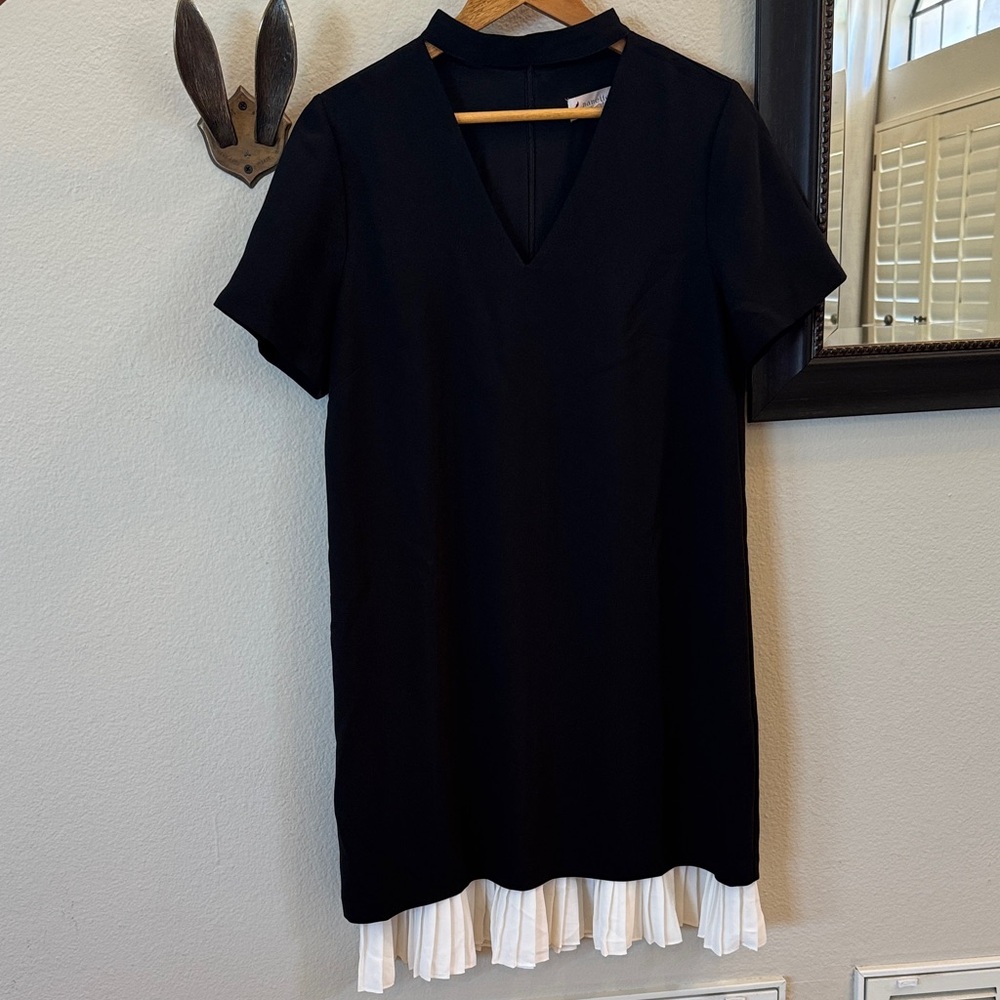 Nanette Lepore Black V-Neck Dress with White Pleated Hem